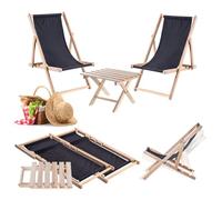 KADAX Ensemble table basse naturelle pour chaises longues + 2 chaises longues en bois noir