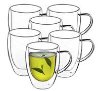 KADAX Tasses à Café 270 ml en Verre Transparent à Double Paroi, Verres à Thé avec Poignées, Idéales pour Savourer Vos Boissons Chaudes et Froides (Lot de 6)