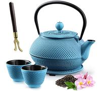 KADAX Théière Japonaise en Fonte de 850 ml avec Intérieur Émaillé, Bouilloire avec Deux Tasses et Infuseur pour Thé en Vrac, Service à Thé Complet (Bleu)