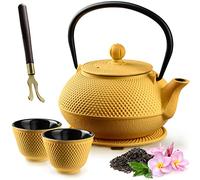 KADAX Théière Japonaise en Fonte de 850 ml avec Intérieur Émaillé, Bouilloire avec Deux Tasses et Infuseur pour Thé en Vrac, Service à Thé Complet (Jaune)