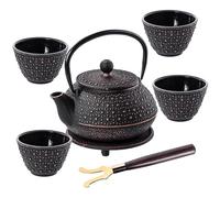 KADAX Théière Japonaise en Fonte de 850ml avec Intérieur Émaillé, Quatre Tasses et Infuseur pour Thé en Vrac, Service à Thé Traditionnel (Noir)