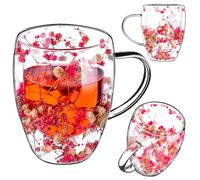 KADAX Verres à café à double paroi - 350 ml - Verres thermiques pour thé et café - Verres à thé en verre borosilicate - Tasse à café avec fleurs séchées - Rose