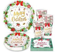 KAHEIGN 100 Pièces Vaisselle en Papier de Fête de Noël, 25 x 23CM Assiettes Plates, 25 x 19CM Assiettes à Salade, 25 x Tasses de 270ml, 25 x 16CM Serviettes - pour Vacances Noël Fêtes Décoration