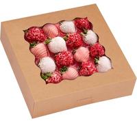 KAHEIGN 24 Pièces Boîtes à Biscuits avec Fenêtre, 23CM x 23CM x 6.5CM Grandes Boîtes Marron pour Pâtisserie Carrées Boîte à Friandises pour Tartes Beignets Chocolat Fraises Enrobées Muffins Gâteaux