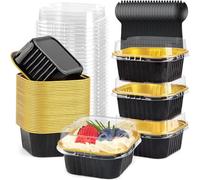 KAHEIGN 50 Pièces Mini Moules à Gâteaux avec Couvercles et Cuillères, 150ml Plats de Cuisson Carrés en Papier D'aluminium Petites Boîtes à Pain pour Mariage Anniversaire Pique-Nique Fête (Or Noir)