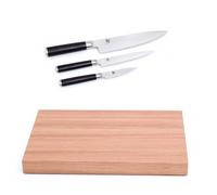 KAI Ensemble Planche à découper/Couteau - Planche à découper en chêne clair avec pieds en caoutchouc antidérapants - couteau de bureau 9 cm, couteau utilitaire 15 cm, Santoku 18 cm