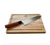 KAI Seki Magoroku manche en bois rouge, couteau de chef avec lame en acier inoxydable de 20 cm + planche de chêne de 30x22 cm avec rainure de jus