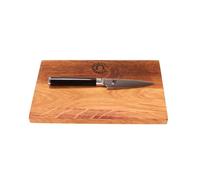 Kai Shun Classic DM-0700 Couteau d'Office à Lame Ultra-tranchante en Acier damassé et Grande Planche à découper en chêne 30x18 cm