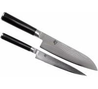 KAI Shun Classic Ensemble de 2 Couteaux de Chef Japonais - Santoku 18 cm de Longueur de Lame + Couteau Utilitaire 15 cm - Couteau Damas 32 Couches VG MAX Core - 61 (±1) HRC - bois de pakka
