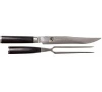 KAI Shun Classic Ensemble de Carving Japonais - Couteau de Carving 20 cm Damas 32 Couches Noyau VG MAX - 61 (±1) HRC - Fourchette de Carving 16,5 cm Dents en Acier - bois de pakka Noir