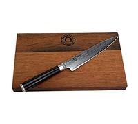 Kai Shun DM-0722 Couteau à tomates avec lame dentelée, lame de 15 cm et planche en bois de fût fabriquée à la main (chêne) 25 x 15 cm