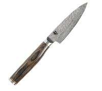 KAI Shun Premier Tim Mälzer Couteau d'Office Japonais 10 cm - Noyau VG-MAX 61 (±1) HRC, Acier Damas Poli de 32 Couches - bois de pakka Marron Moyen - Finition Martelée - Fabriqué au Japon