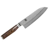 KAI Shun Premier Tim Mälzer Santoku 18 cm Longueur de Lame - Noyau VG-MAX 61 HRC, Acier Damas Poli de 32 Couches - Manche en Pakkawood Marron Moyen - Finition Martelée - Fabriqué au Japon