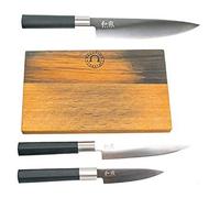 Kai Wasabi Black 67 W14 Couteau de chef Coffret cadeau, japonais Couteau de cuisine 20 cm, Très aiguisé Couteau de chef 15 cm, couteau d'office 10 cm+ Planche à Découper en vieux Poignées 25 x 15 cm