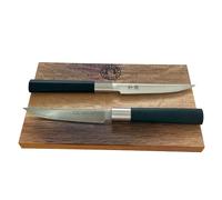 KAI Wasabi Black Couteau à steak 67S-400 12 cm - Lot de 2 pièces - Premier choix pour les amateurs de steak et les cuisiniers professionnels + Planche à découper en bois 100 % faite à la main