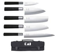 KAI Wasabi Black Ensemble de Sacs de Couteaux - Couteau Utilitaire 10 cm, Deba 15 cm, Nakiri 16,5 cm, Santoku 16,5 cm, Yanagiba 21 cm - acier inoxydable poli 6A/1K6 58 (±1) HRC - Fabriqué au Japon