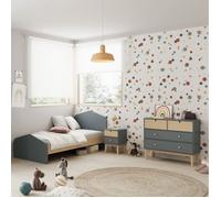 KAINA - Pack Lit 90x190cm + Chevet 2 Tiroirs + Commode 4T Coloris Gris et Naturel