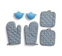 Kaiyzo Gants de Four Anti Chaleur 6 Pièces, Ensemble de Gants et Maniques avec Coques en Silicone & Dessous de Plat Isothermes pour Cuisson au Four (Bleu Clair)