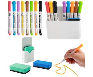 Kalanka-14 Pièces Set De Feutre Tableau Blanc Effacable, 8 Marqueur Tableau Blanc Effacable Non Toxique, 2 Magnet Porte Stylo, 4 Eva Effaceur Tableau Blanc Magnetique Pour Enfants Enseignants