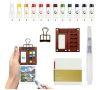 Kalanka-5 Pcs Mini Kit Aquarelle Voyage, Palette Aquarelle Miniature Peinture Avec Palette En Bois Portable 8 Grids, 12 Couleurs Aquarelles Avec Carnet De Croquis Pinceau Et Clip En Métal Pour Débuta