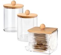 Kalanka-Boîte À Coton-Tiges Avec Couvercle En Bambou ¿ Ensemble 3 Pièces Distributeur De Cotons En Acrylique Transparent Pour Rangement-Tiges, Cotons Démaquillants Et Petits Accessoires