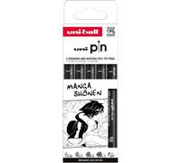 Kalanka-- Mitsubishi Pencil - 5 Feutres D¿Écriture Et De Dessin Spécial Manga Shonen Uni Pin - 4 Pointes Calibrées Ultra-Fines À Moyennes Et 1 Pointe Brush - Encre Noire