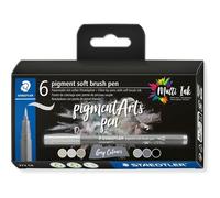 Kalanka-Staedtler - Pigment Art - Pigment Soft Brush 372 - Etui Carton 6 Feutres Pointe Pinceau Souple Gris & Noir Assortis - 372 C6