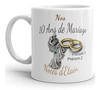 Kalféa Mug anniversaire mariage 10 ans noces d'étain personnalisable 2 prénoms tasse personnalisée Idée Cadeau Originale Famille couple mari femme noel fete époux épouse