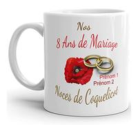 Kalféa Mug anniversaire mariage 8 ans noces de Coquelicot personnalisable 2 prénoms tasse personnalisée Idée Cadeau Originale Famille couple mari femme noel fete époux épouse