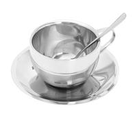 KALLORY Coffret Grosse Capacité Tasse à Café en Acier Inoxydable Argenté avec Cuillère et Soucoupe Prise en Main Confortable, Design Simple et Pratique Thé Café