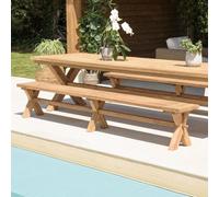 Kally - banc de jardin 270x35cm en bois teck recyclé pieds croisés