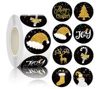 Kalolary Black Golden Round Étiquettes autocollant Joyeux Noël noël Rouleau 500 Pièces 8 Motifs Cartes Cadeaux Décoration