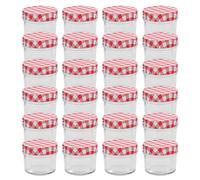 Kaloriko 24 Pots à Confiture en Verre 110 ML avec couvercles Rouge et Blanc, Bocal Transparent hermetique pour Conservation Miel, sirop, Chutney, Cuisine et Table Dejeuner