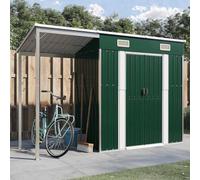 Kaloriko Abri de Jardin Vert en Acier galvanisé avec Toit prolongé, cabane extérieure 277 x 107 x 181 cm, Rangement pour Outillage vélo Tondeuse Bois et Poubelle, Ventilation, Porte à poignées