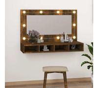 Kaloriko Armoire à Miroir LED chêne fumé 90x31,5x62 cm, Meuble Rangement Salle de Bain, étagères Ouvertes avec Porte Miroir, Installation Murale ou sur Meuble, éclairage Blanc Chaud ou Froid USB