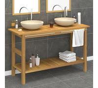 Kaloriko Armoire de Salle de Bain en Teck Massif avec 2 lavabos en marbre crème, Meuble lavabo sous Vasque avec Rangement tiroir et Porte, Meuble de Rangement Solide pour Salle Bain Toilette