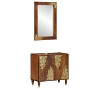 Kaloriko Armoire de salle de bain marron miel en bois de manguier massif avec 2 portes, miroir plat et boutons en laiton, peu encombrant, avec beaucoup d'espace de rangement pour meubles de salle de
