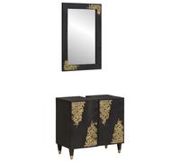 Kaloriko Armoire de salle de bain noire en bois de manguier massif avec 2 portes, miroir plat et boutons en laiton, espace de rangement pour meubles de salle de bain, rangement de salle de bain, peu