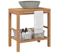 Kaloriko Armoire de Toilette en Teck Massif avec Vasque en Pierre de rivière 74x45x75 cm, Meuble lavabo avec Main Courante Acier Nickel brossé, Rangement sous lavabo Stable pour Salle de Bain Design
