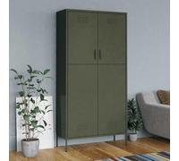 Kaloriko Armoire en acier vert olive 90 x 50 x 180 cm avec tringle à vêtements et 4 étagères réglables peu encombrant pour chambre à coucher et couloir Armoire multifonction avec fentes d'aération