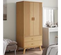 Kaloriko Armoire OLDEN marron en pin massif 76,5 x 53 x 172 cm avec 2 tiroirs, grand compartiment et pieds en bois stables pour chambre à coucher et garde-robe peu encombrante
