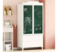 Kaloriko Armoire ROROS blanche avec tableau noir, 90 x 45 x 180 cm, en bois, 2 tiroirs, 4 étagères, portes à charnières, peu encombrant, pour chambre d'enfant et chambre à coucher