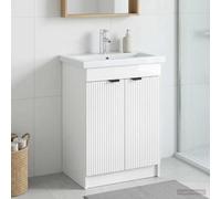 Kaloriko Armoire sous évier de Salle de Bain Blanc Brillant en Bois d'ingénierie 56x37,5x81 cm avec Porte pivotante, poignée encastrée Noire, Grand Rangement Compact pour lavabo et Vasque