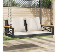 Kaloriko Balancelle Noire avec Coussins pour Jardin extérieur terrasse Balcon en résine tressée, siège 109 x 62 x 40 cm, 2 Coussins, Bois d Acacia, Charge 110 kg, détente