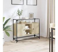 Kaloriko Buffet en Bois d'ingénierie chêne Sonoma avec Dessus en Verre 98x35x81 cm Meuble de Rangement avec Porte et étagère pour Salon Salle à Manger Bureau décoration