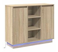Kaloriko Buffet LED Chêne Sonoma 90 x 32 x 75 cm Bois d'ingénierie Meuble Rangement Salle à Manger Salon Contemporain Porte étagère tiroir Rangement Cuisine Commode Console vitrine