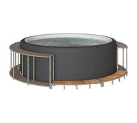 Kaloriko Cadre de Bain à remous Gris en résine tressée avec Rangement intégré, 2 marches en Bois d'acacia, Structure Acier Enduit de Poudre, pour Spa Portable, Usage extérieur résistant aux UV