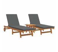 Kaloriko Chaise longue 2 personnes en bois massif d'acacia marron avec dossier réglable et repose-pieds, set de 3 pièces résistant aux intempéries pour jardin, terrasse, balcon, avec coussin et table