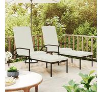 Kaloriko Chaises Longues avec Repose-Pied en résine tressée Noire, 2 pcs Bain de Soleil inclinables avec Dossier réglable, Coussins crème Confortables pour Jardin terrasse Piscine Balcon