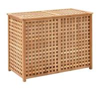 Kaloriko Coffre à Linge en Bois de Noyer Massif 87,5 x 46 x 67 cm, Panier de Rangement Naturel avec 2 Compartiments et Sacs intérieurs Amovibles pour Salle de Bain, Chambre et buanderie